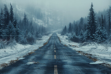A desolate stretch of highway flanked by dead trees and abandoned vehicles, where the only sound is the mournful howl of the wind. Concept of road-trip desolation. Generative Ai.