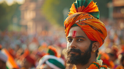 Portrait of a proud Indian man in vibrant traditional attire during a colorful cultural parade.