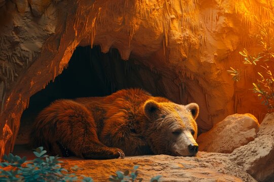 3d illustration of a grizzly bear is hibernating in a cave