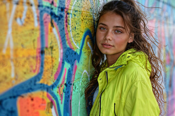 Fototapeta premium Teenager in Neon Green Windbreaker by Colorful Graffiti Wall