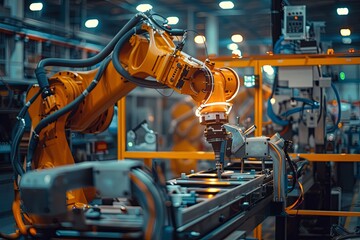 Industrial robotic arm working in a modern manufacturing factory