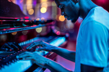 Fototapeta premium Young Man Playing Piano Under Neon Lights in a Nightclub