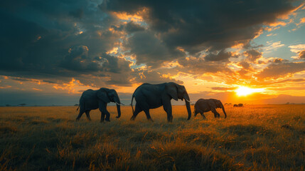 A serene sunset view of an elephant family calmly walking through the savannah.