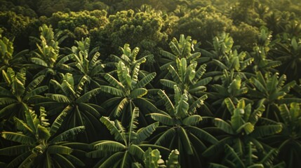 Aerial perspective of banana trees with a blurred backdrop of dense treetops