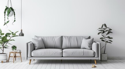 Modern Scandinavian home interior featuring a cozy gray sofa