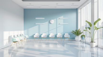 modern white and light blue hospital waiting room with chairs for patients to sit. White walls, light windows, blue accent wall