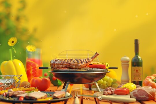 3d illustration of bar b q on table bokeh style background
