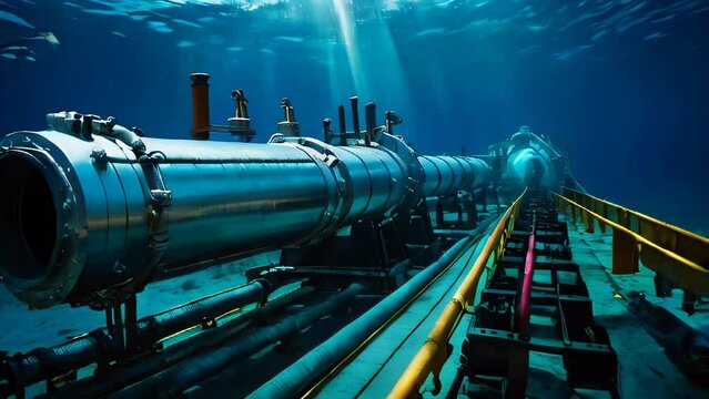 Underwater pipeline for oil and gas transport, subsea industry equipment at sea bottom, metal conduit in blue ocean, petroleum production and energy supply technology
