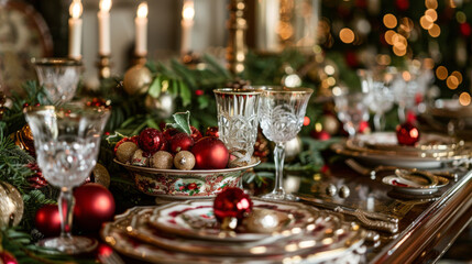 Close-up of a luxurious holiday table with crystal glassware and rich Christmas decorations.
