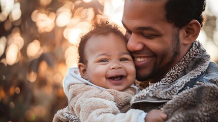 Obraz premium Father holding happy baby outdoors in autumn