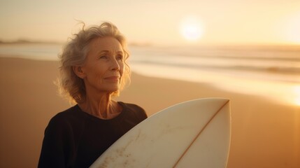 Senior woman holding surfboard on a beach at sunset - Powered by Adobe