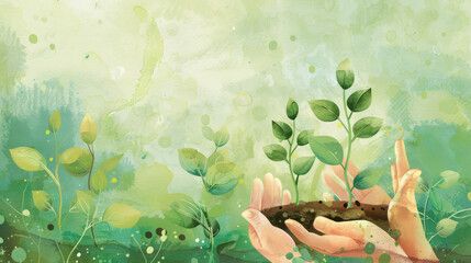 Children's hands holding young trees and plants together, growing in the soil on a green background with sunlight for World Wildlife Day or Earth Day