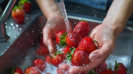 hygiene, health care and safety concept - woman's hands washing strawberry in kitchen at home
