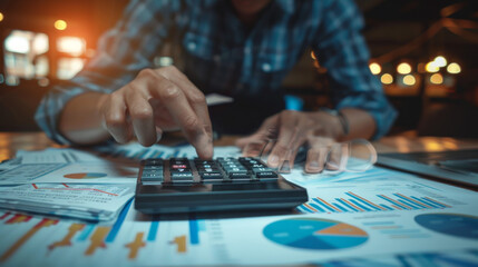business person using calculator to dispens money, hands closeup working with financial graphs and documents on wooden table in office room background at night