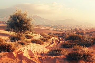 Golden desert islamic mosque date palm tree and camel arabian landscape background