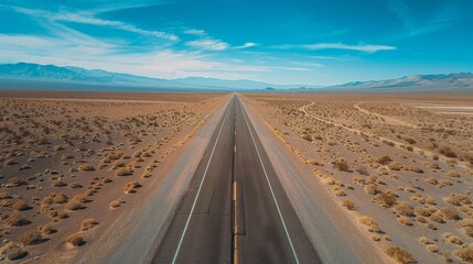 Aerial View of Straight Long Road through Pristine Desert