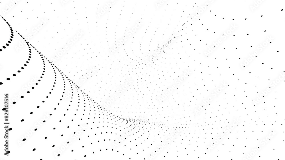 Poster 3d animation with moving dots in bends of space. design. white 3d space with depth of bends of movin