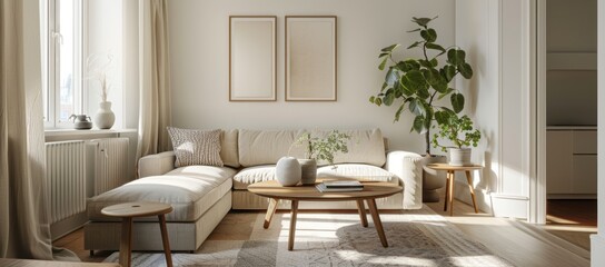 Modern Scandinavian home interior with a comfortable beige sofa, light wood coffee table