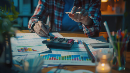 business person using calculator and working with financial graph, document on desk for discussing the concept ofWARD, oil painting style