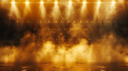 abstract background of an illuminated stadium with a spotlight and smoke before the sports competition, a gold color palette, wide angle, photorealistic, high resolution