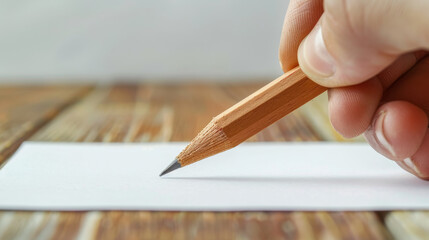 Hand holding a wooden pencil over a blank white paper on a wooden desk