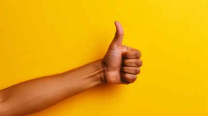 Hand showing thumbs up gesture against yellow background