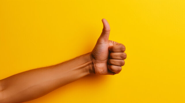 Hand showing thumbs up gesture against yellow background