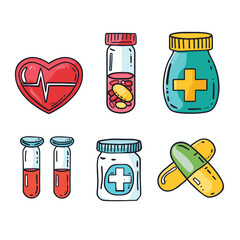 Set colorful medical icons featuring healthcare symbols. Heart ECG line, pill bottle, medicine jar, adhesive bandages, blood test vials. Bright cartoon style health pharmacy theme isolated