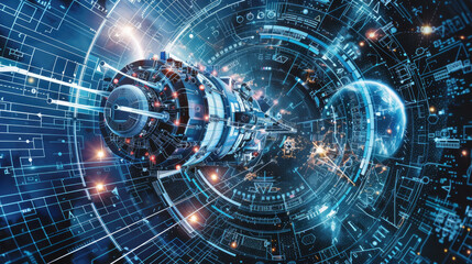 Obraz premium A state-of-the-art spacecraft travels through outer space, surrounded by a futuristic digital interface, illustrating advanced technology and interstellar exploration at night