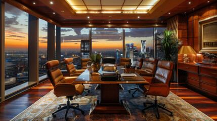 Spacious and elegant executive office with panoramic views of the city skyline during sunset.