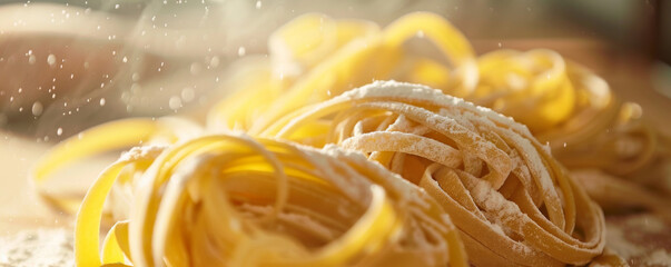 Fresh fettuccine pasta dusted with flour