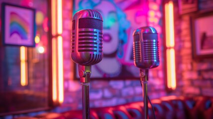 Vibrant LGBTQA+ Open Mic Haven with Rainbow Microphones and Pride Decor in Hyperrealism Style