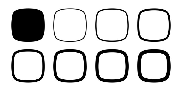 Set of squircles or squares with rounded borders and corners. Simple geometric shapes and frames isolated on white background. Design elements or buttons with empty space. Vector graphic illustration.