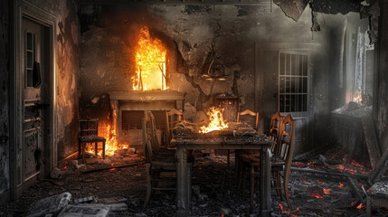 A room filled with flames from a roaring fire, casting a warm glow and flickering shadows across the walls