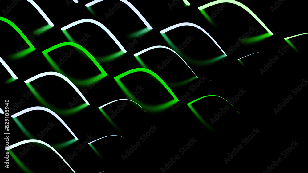 Poster lines with reflection disappear into dark space. design. colored lines disappear in waves into dark 