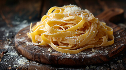 Freshly prepared fettuccine pasta with parmesan cheese on rustic wooden board