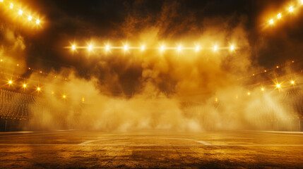 A dramatic, high-contrast sports arena background with spotlights and smoke effects. The stadium is bathed in golden light, creating an atmosphere of excitement for any sport or event