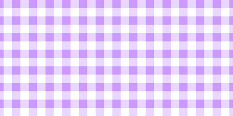 Purple and white gingham pattern. Textile design for tablecloth, picnic plaid, basket napkin, towel or handkerchief. Checkered background. Cotton, linen or flannel print. Vector flat illustration.