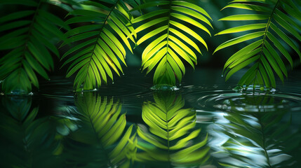 Sunlit palm leaves reflected on water surface