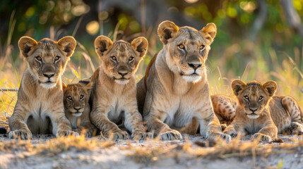 A protective lioness and her four cubs rest together in the golden light of the savannah wilderness.