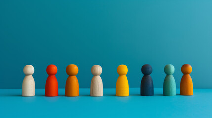 Colorful wooden figurines against blue background