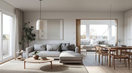 Modern Scandinavian home interior with a light gray sofa, minimalist decor, and a wooden dining set
