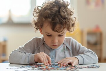 Young child focused on completing a colorful jigsaw puzzle on a table in a cozy room.