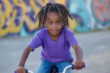 Young child riding a bicycle, wearing a purple shirt, showing determination and joy against...