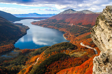 Aerial view of Escondido Lake in Autumn season, Tierra del Fuego Patatonia