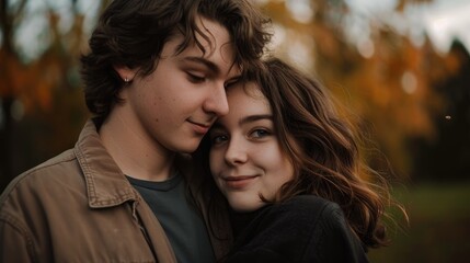 Obraz premium A young couple gazes together in a park