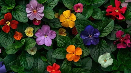 Top View of Blooming Tigirdia, Tropaeolum Majus, Viola Tricolor, and Vinca Difformis Flowers