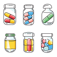 Six colorful cartoonstyle jars filled capsules, pills tablets medical healthcare themes. Medication bottles various shapes colored contents, suitable pharmacy drug concepts. Prescription drug