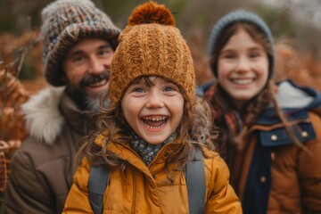 Happy family enjoying a walk in autumn forest