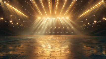 A dramatic sports arena with lights and laser beams, providing a perfect immersive backdrop or presentation design. A large empty stadium floor bathed in golden light